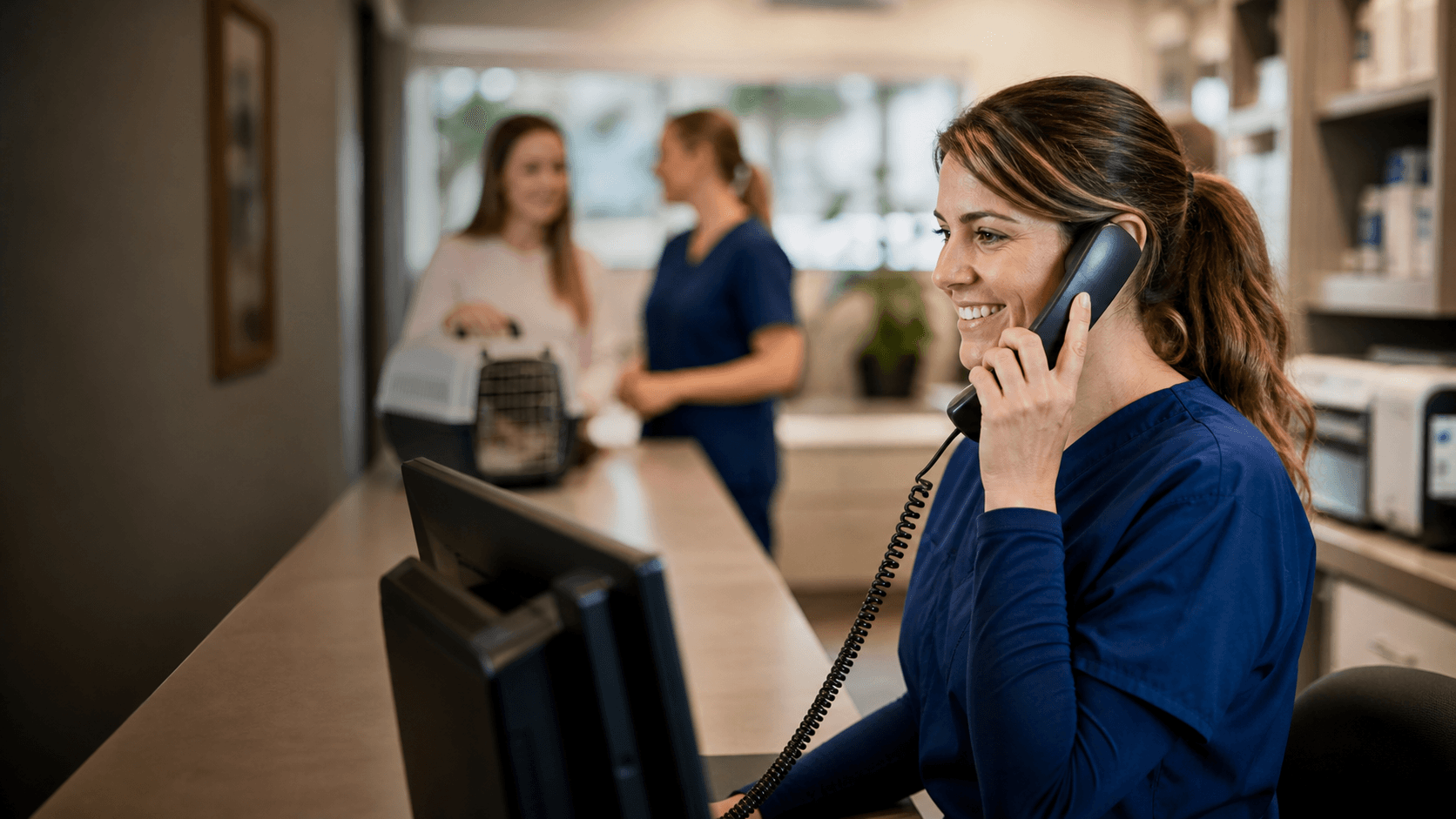 Veterinary clinic team handling appointment calls